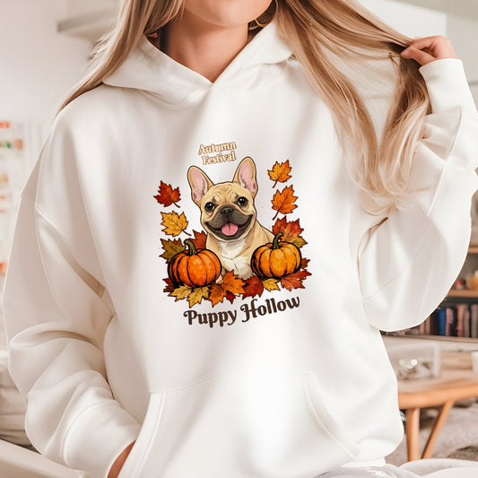 Sand hoodie with a dog and autumn-themed design, featuring pumpkins and leaves.