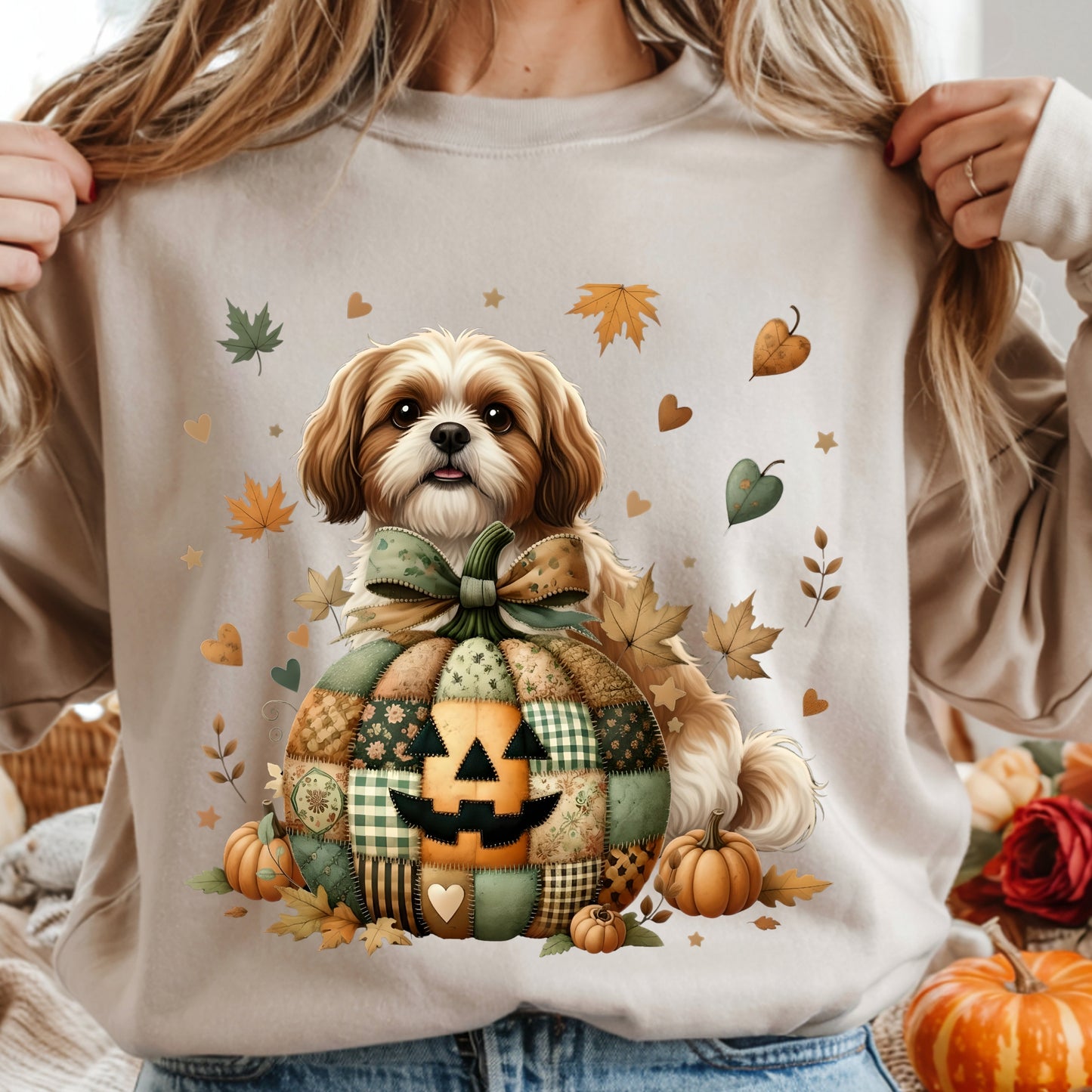 Person wearing a beige sweatshirt with a dog and fall-themed design.