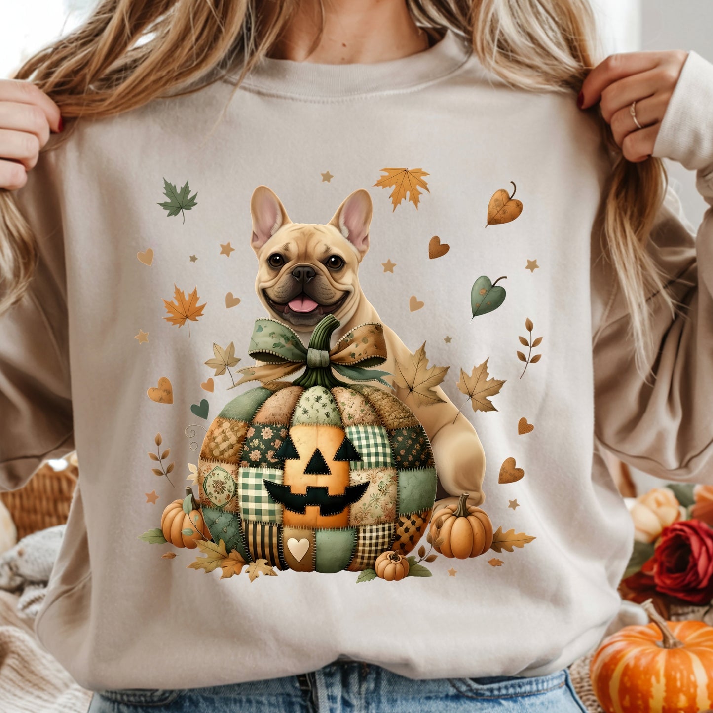 Person wearing a beige sweatshirt with a dog and fall-themed design.