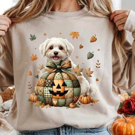 Person wearing a beige sweatshirt with a dog and pumpkin design, surrounded by autumn leaves and pumpkins.