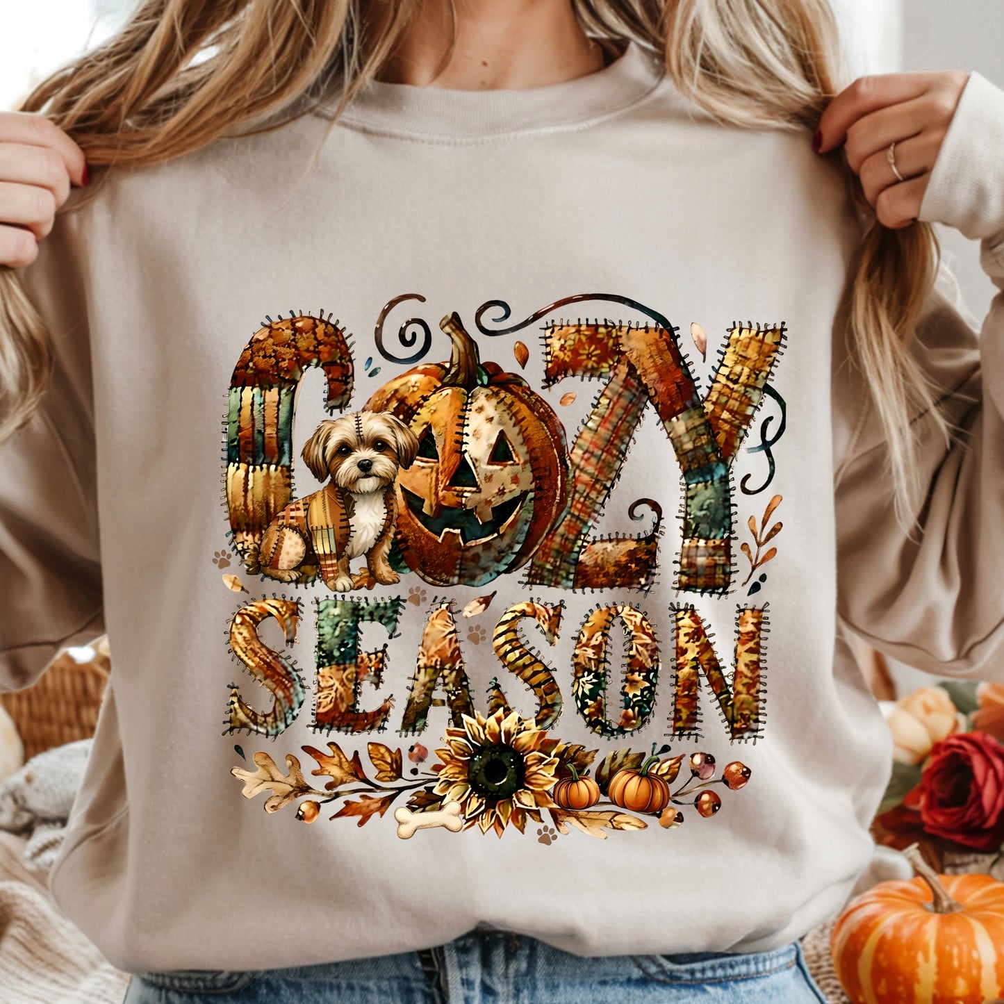 Beige sweatshirt with 'Cozy Season' design featuring pumpkins and a dog, held by a person.