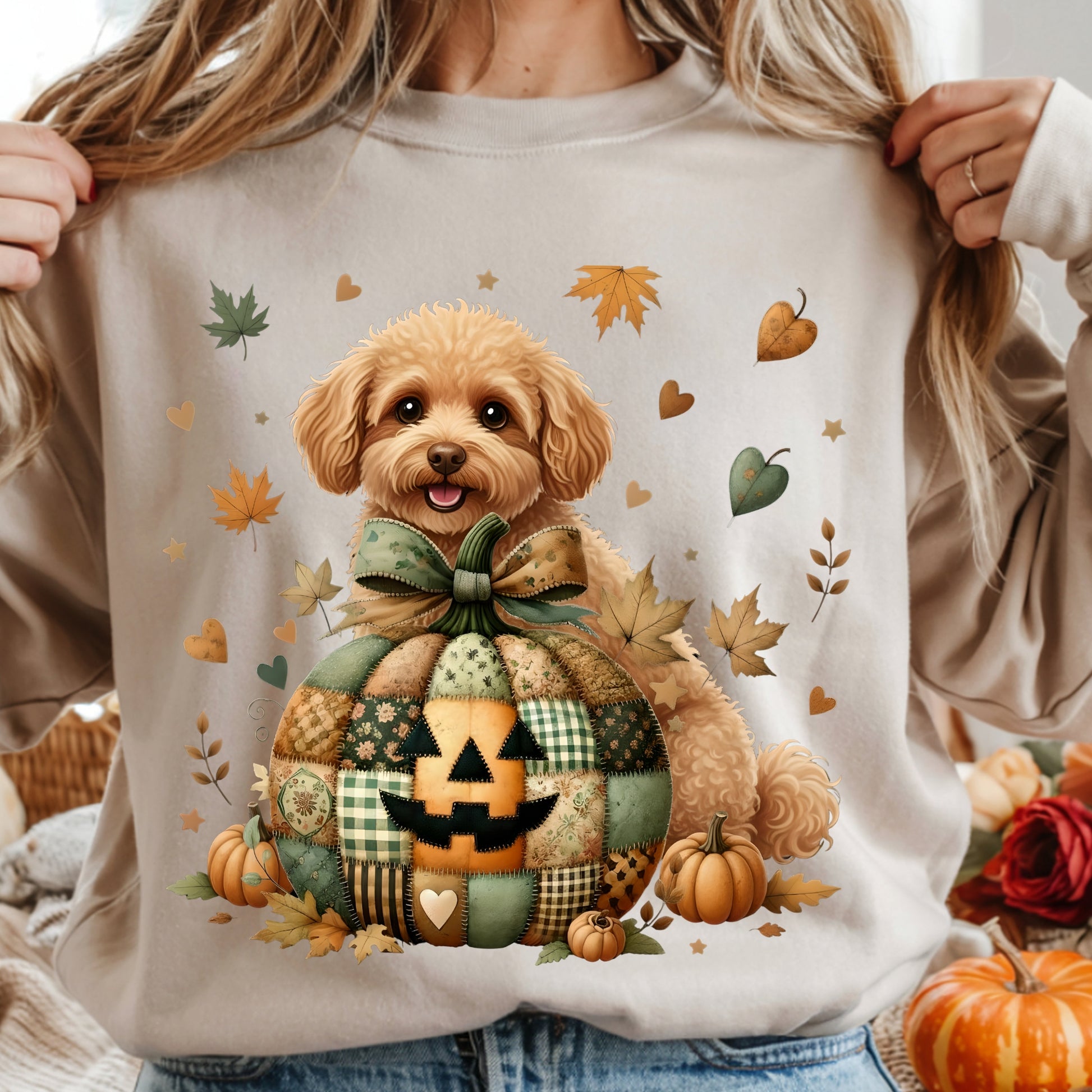 Person wearing a sweatshirt with a dog in a pumpkin costume and autumn leaves design.