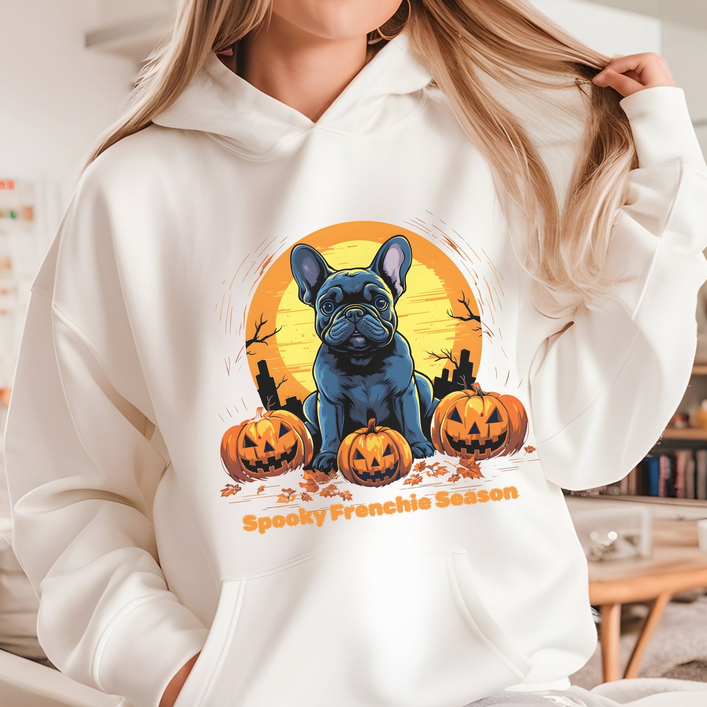 Sand Halloween hoodie with French Bulldog, pumpkins, and graveyard, with "Spooky Frenchie Season" text