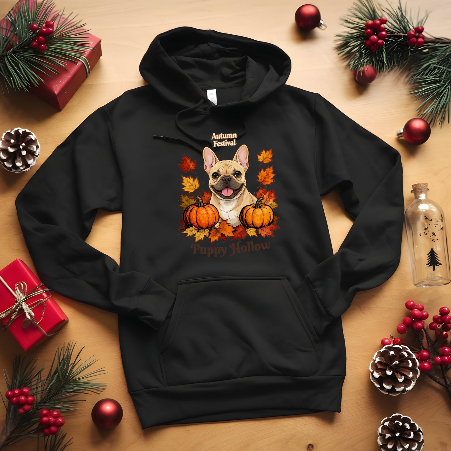 Frenchie Puppy Hollow Cozy Premium Unisex Hoodie – Fall Family & Community Edition