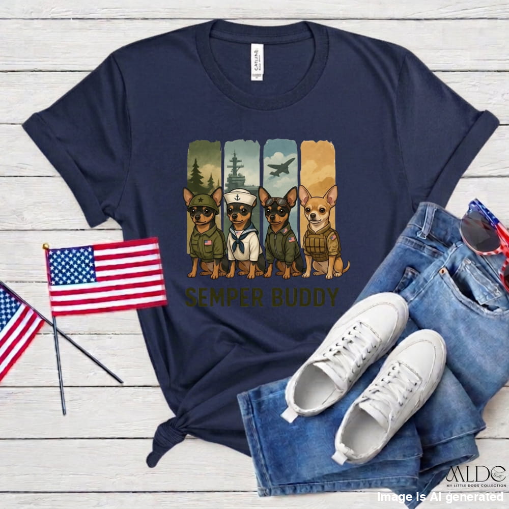 Navy blue t-shirt with dog-themed graphic and American flags on a wooden surface