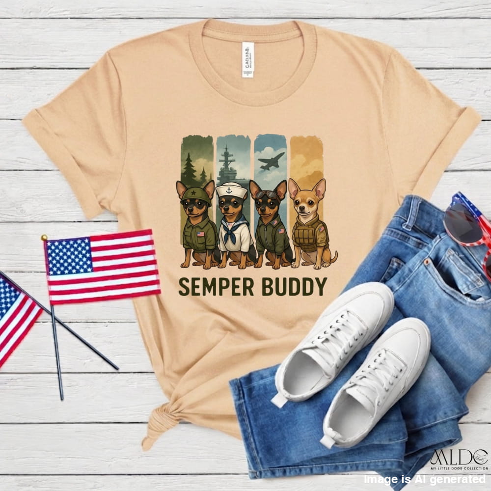 Beige t-shirt with dog graphic and 'Semper Buddy' text, paired with jeans and sneakers on a wooden surface.