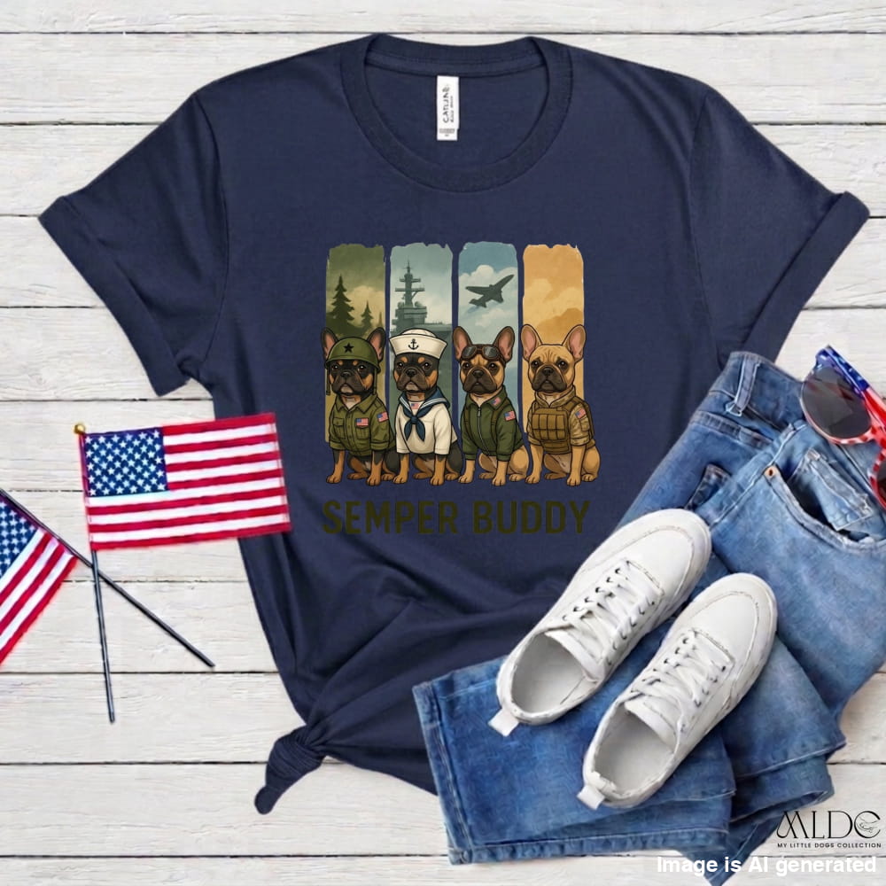 Navy blue t-shirt with dog graphic and 'Semper Buddy' text, paired with jeans and sneakers on a wooden surface.
