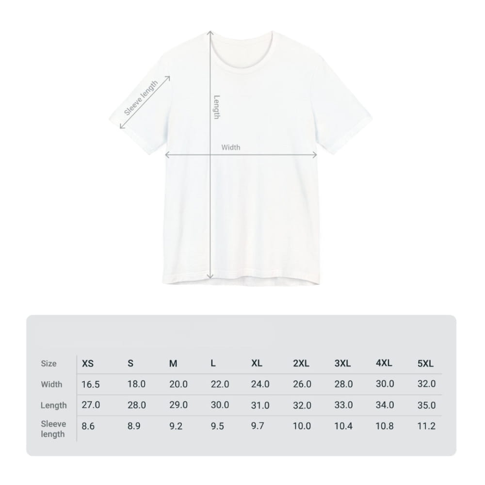 White t-shirt with measurement chart and size chart on a white background