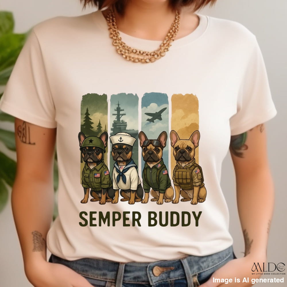 Person wearing a t-shirt with military-themed dog illustrations and 'Semper Buddy' text.