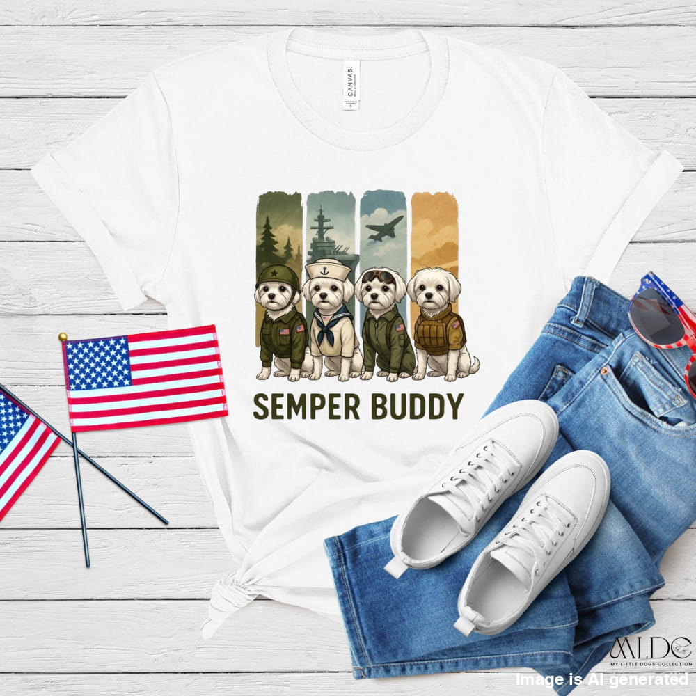 White t-shirt with 'Semper Buddy' graphic, American flags, white sneakers, and blue jeans on a wooden surface.