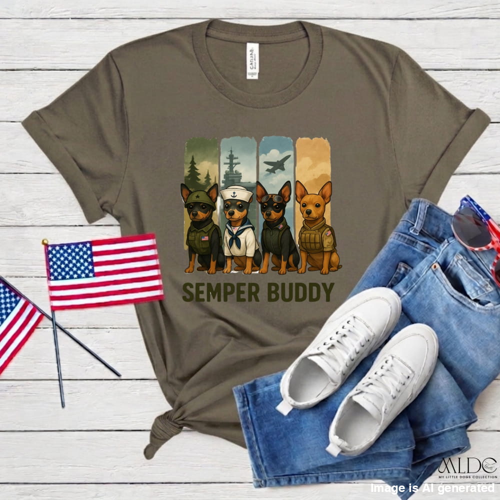 T-shirt with military-themed dog graphics and 'Semper Buddy' text, paired with jeans and sneakers on a wooden surface.