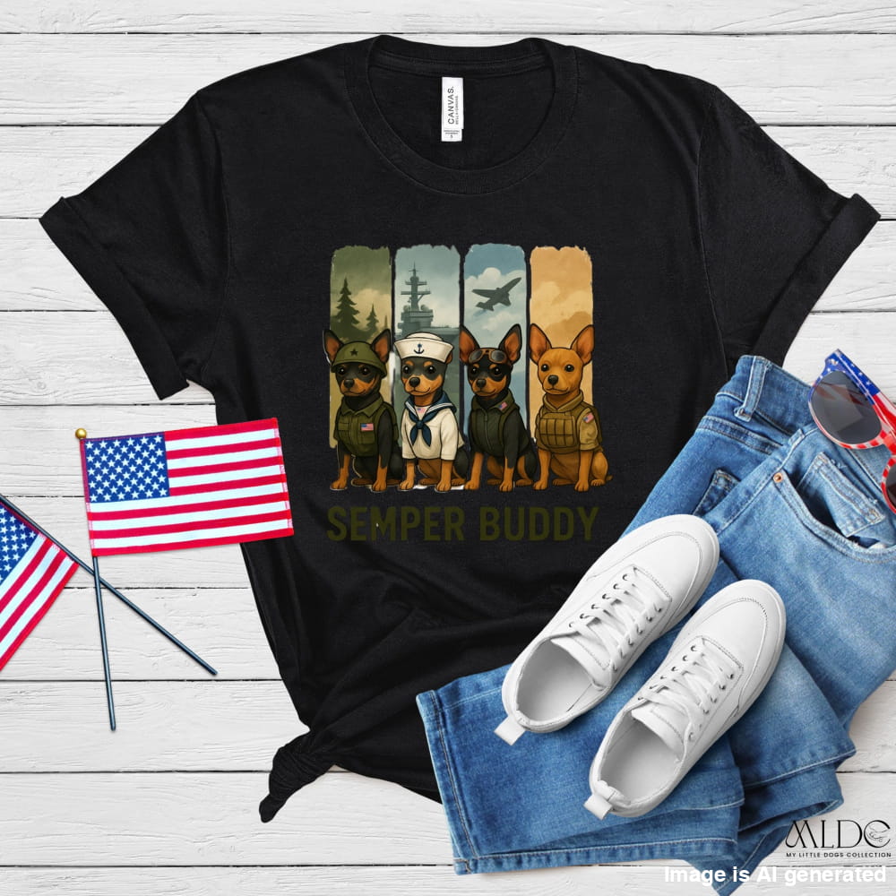 Black t-shirt with dog-themed graphic, American flags, jeans, and sneakers on a wooden surface