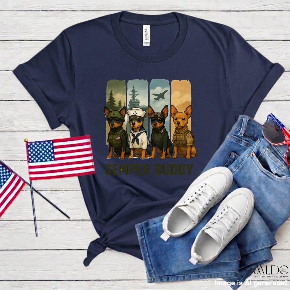 Navy blue t-shirt with dog-themed graphic and American flags on a wooden surface