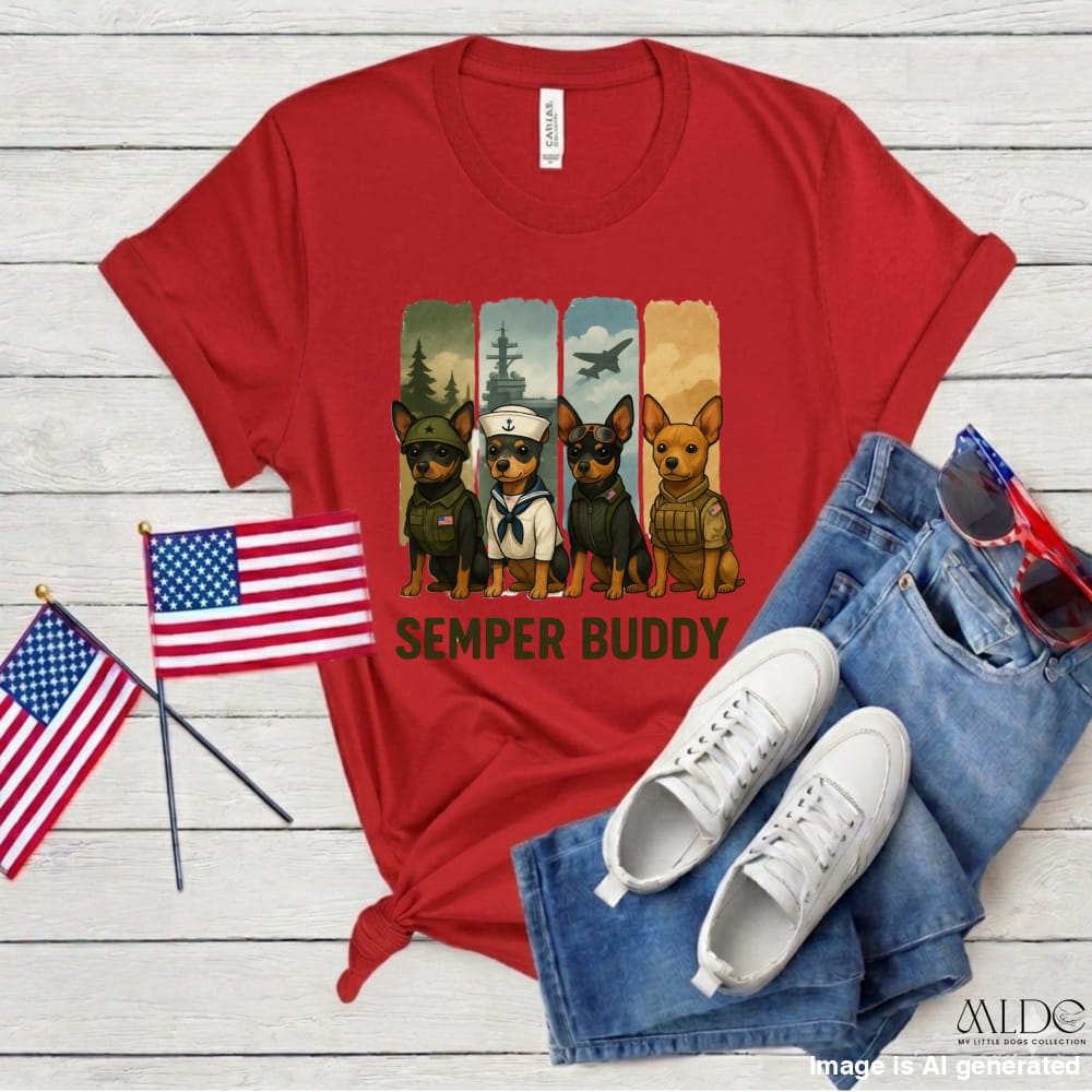 Red t-shirt with 'Semper Buddy' graphic, white sneakers, blue jeans, and American flags on a wooden surface.
