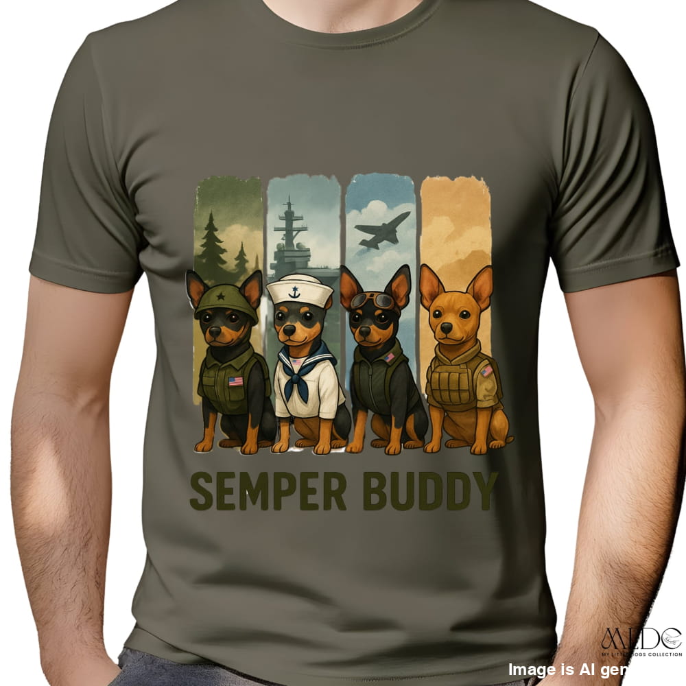 Olive green t-shirt with military-themed dog illustrations and 'Semper Buddy' text.