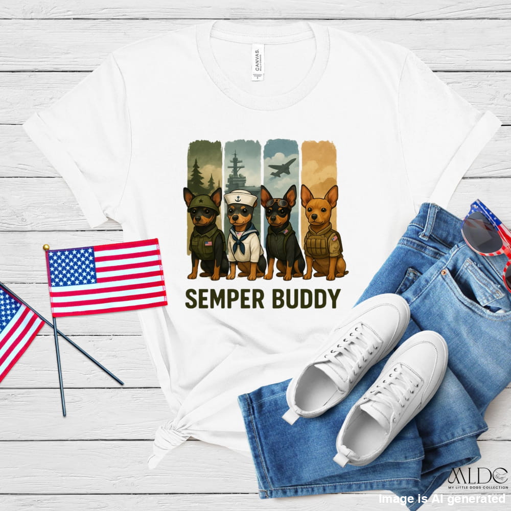 White t-shirt with 'Semper Buddy' graphic, American flags, and jeans on a wooden surface