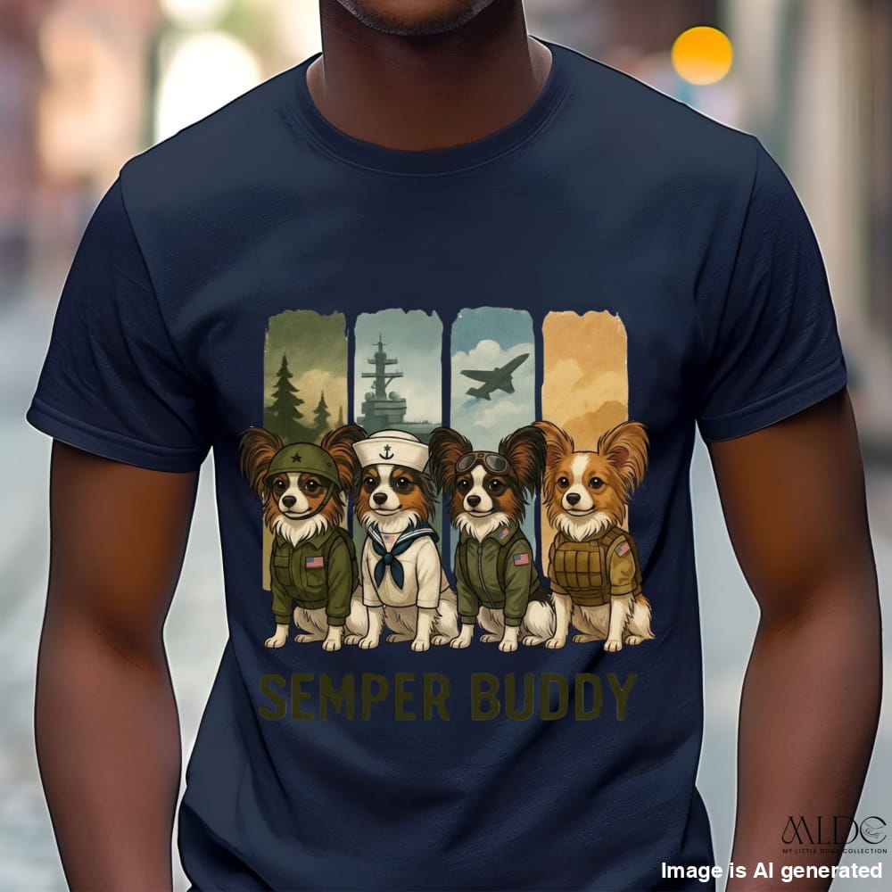 Navy blue t-shirt with cartoon dogs in military uniforms and 'Semper Buddy' text.