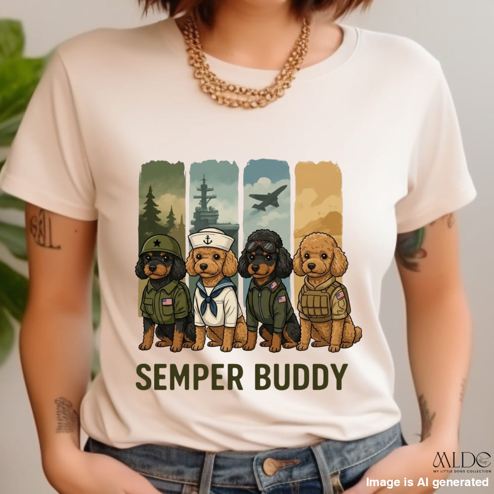Person wearing a t-shirt with cartoon dogs in military uniforms and 'Semper Buddy' text.
