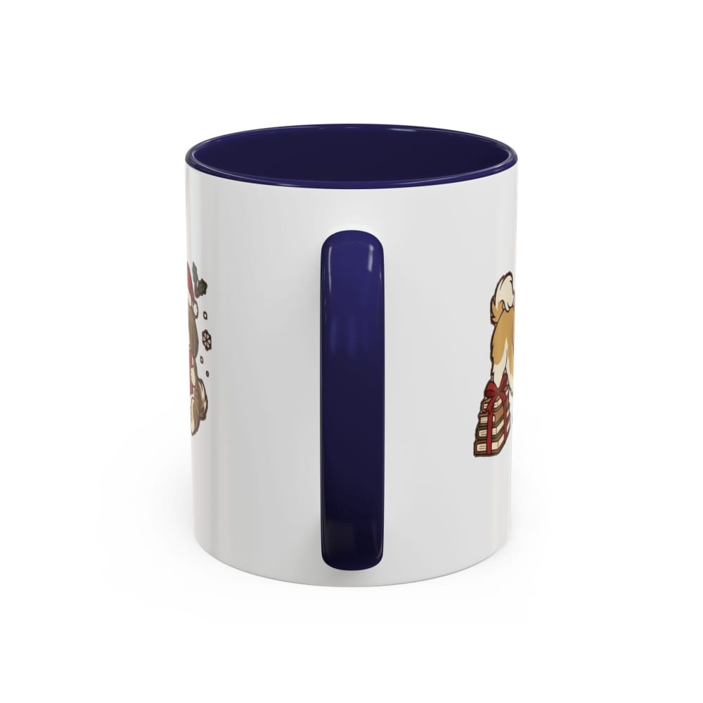White ceramic mug with a navy interior and navy handle, back view with partial Shih Tzu illustrations on either side of the handle.