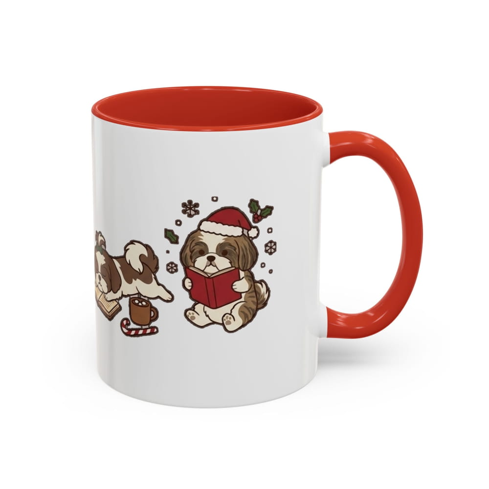 White ceramic mug with a red interior and red handle, showing a Shih Tzu in a Santa hat reading a red book, with another Shih Tzu beside a mug of cocoa.