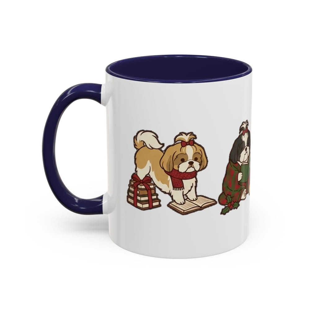 White ceramic mug with a navy interior and navy handle, showing a tan-and-white Shih Tzu in a red scarf sitting on a wrapped gift beside a dark Shih Tzu in a plaid blanket.