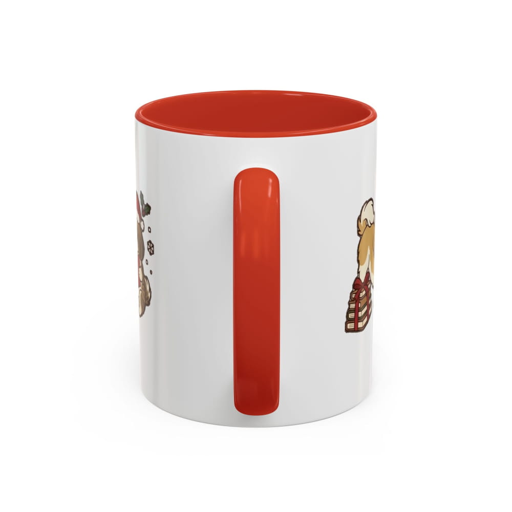 White ceramic mug with a red interior and red handle, back view with partial Shih Tzu illustrations on either side of the handle.