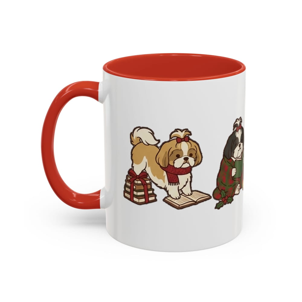 White ceramic mug with a red interior and red handle, showing a tan-and-white Shih Tzu in a red scarf sitting on a wrapped gift beside a dark Shih Tzu in a plaid blanket.