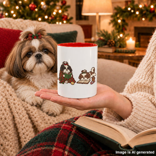 A hand holds a white ceramic mug with a red interior and a Christmas illustration of Shih Tzus reading, while a real Shih Tzu with a red bow rests on a cozy couch.
