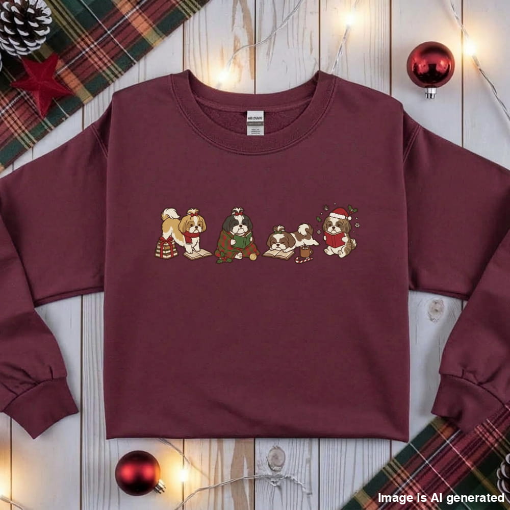 Maroon Shih Tzu Christmas Reading Sweatshirt, flat lay with holiday ornaments, string lights and plaid fabric