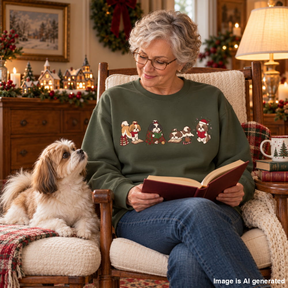 Woman in a military green Shih Tzu Christmas Reading Sweatshirt reading a book in a cozy, Christmas-decorated room with her small dog beside her
