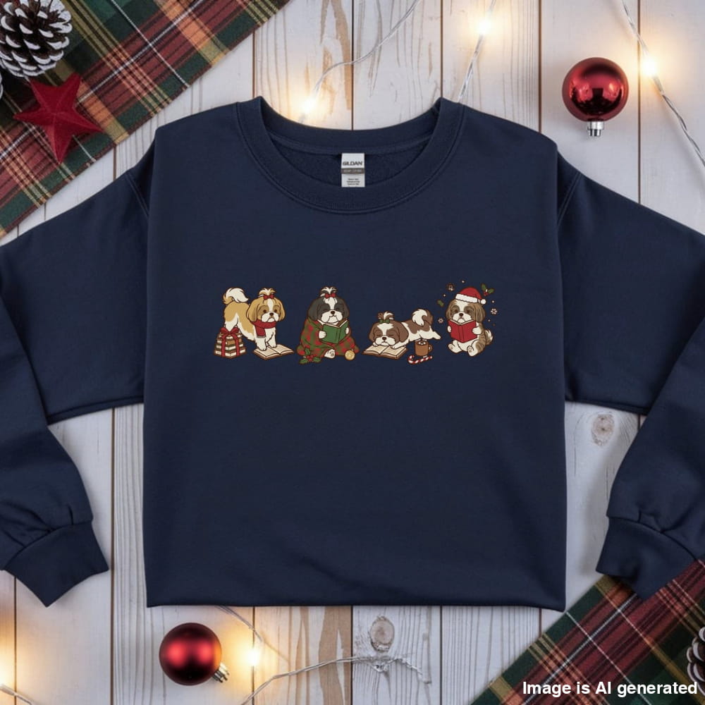 Navy Shih Tzu Christmas Reading Sweatshirt, flat lay with holiday ornaments, string lights and plaid fabric