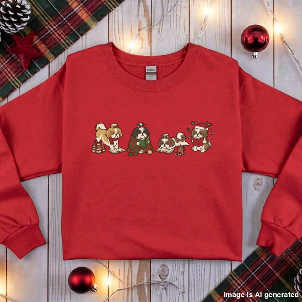 Red Shih Tzu Christmas Reading Sweatshirt, flat lay with holiday ornaments, string lights and plaid fabric