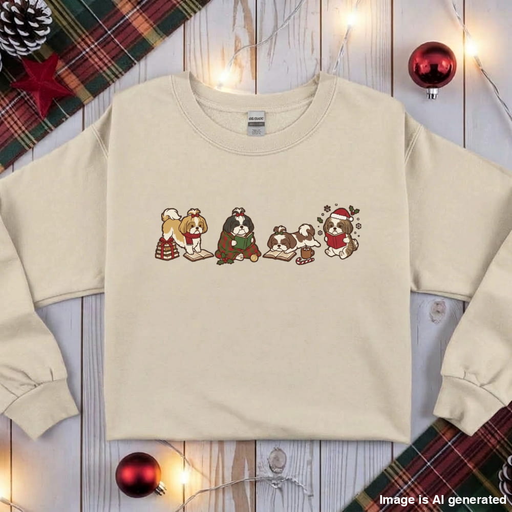 Sand Shih Tzu Christmas Reading Sweatshirt, flat lay with holiday ornaments, string lights and plaid fabric