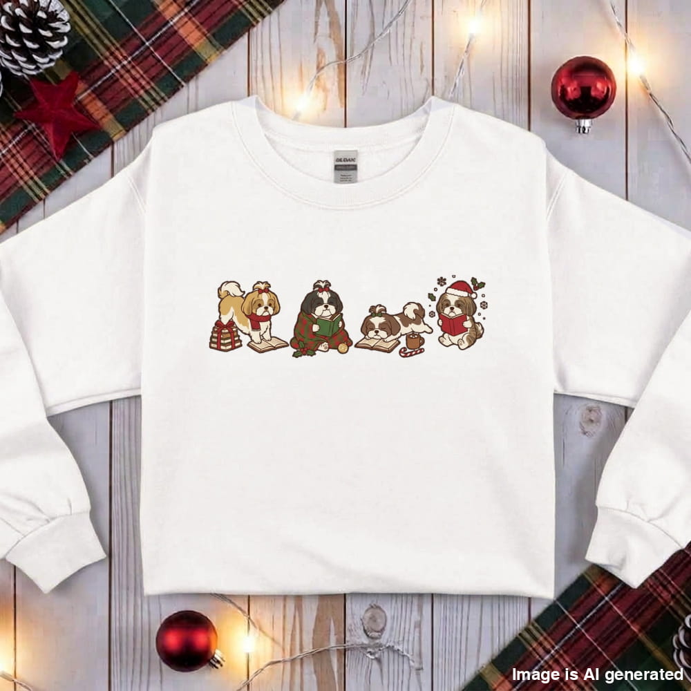 White Shih Tzu Christmas Reading Sweatshirt, flat lay with holiday ornaments, string lights and plaid fabric