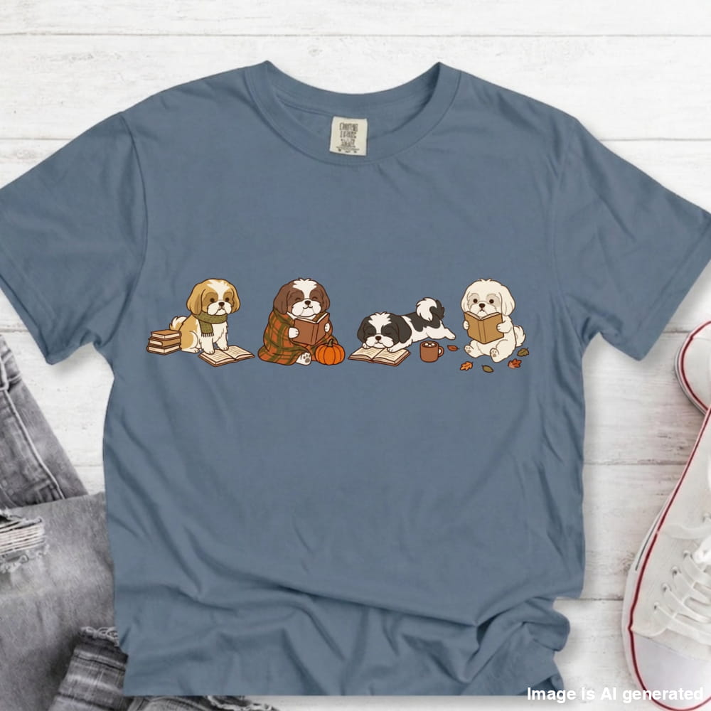 A slate blue crewneck t-shirt featuring a graphic of five cute cartoon dogs sitting on books and a pumpkin, laid flat on a white wood background with jeans and a sneaker partially visible.