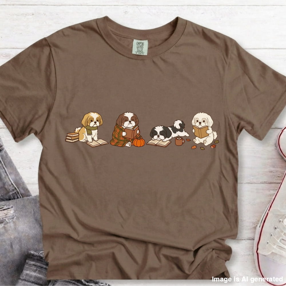 A brown short-sleeve crewneck t-shirt featuring a graphic print of four cute cartoon dogs sitting with books and a pumpkin. The shirt is laid flat on a white wood background with a denim jacket and a sneaker partially visible as styling props.