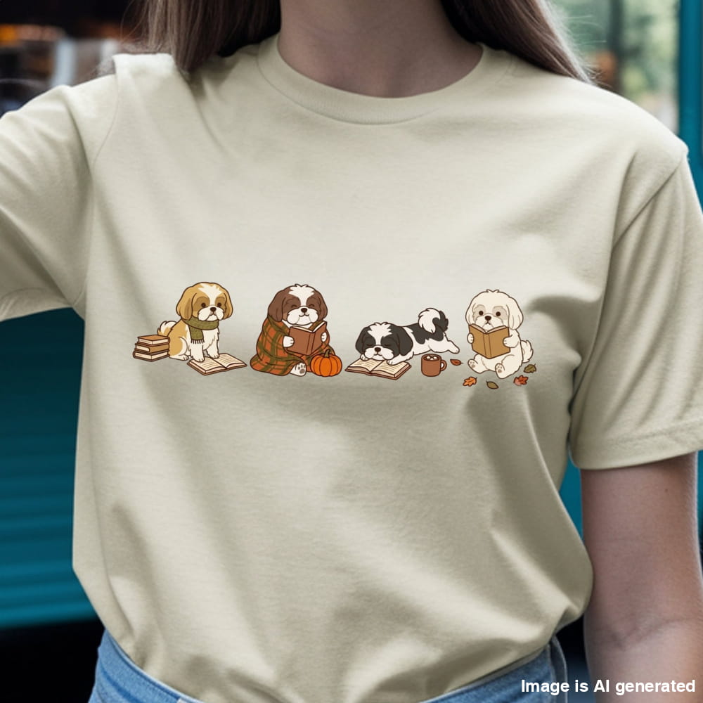 A person wearing a light beige short-sleeve t-shirt with a graphic of four cute cartoon dogs reading books, paired with blue jeans.