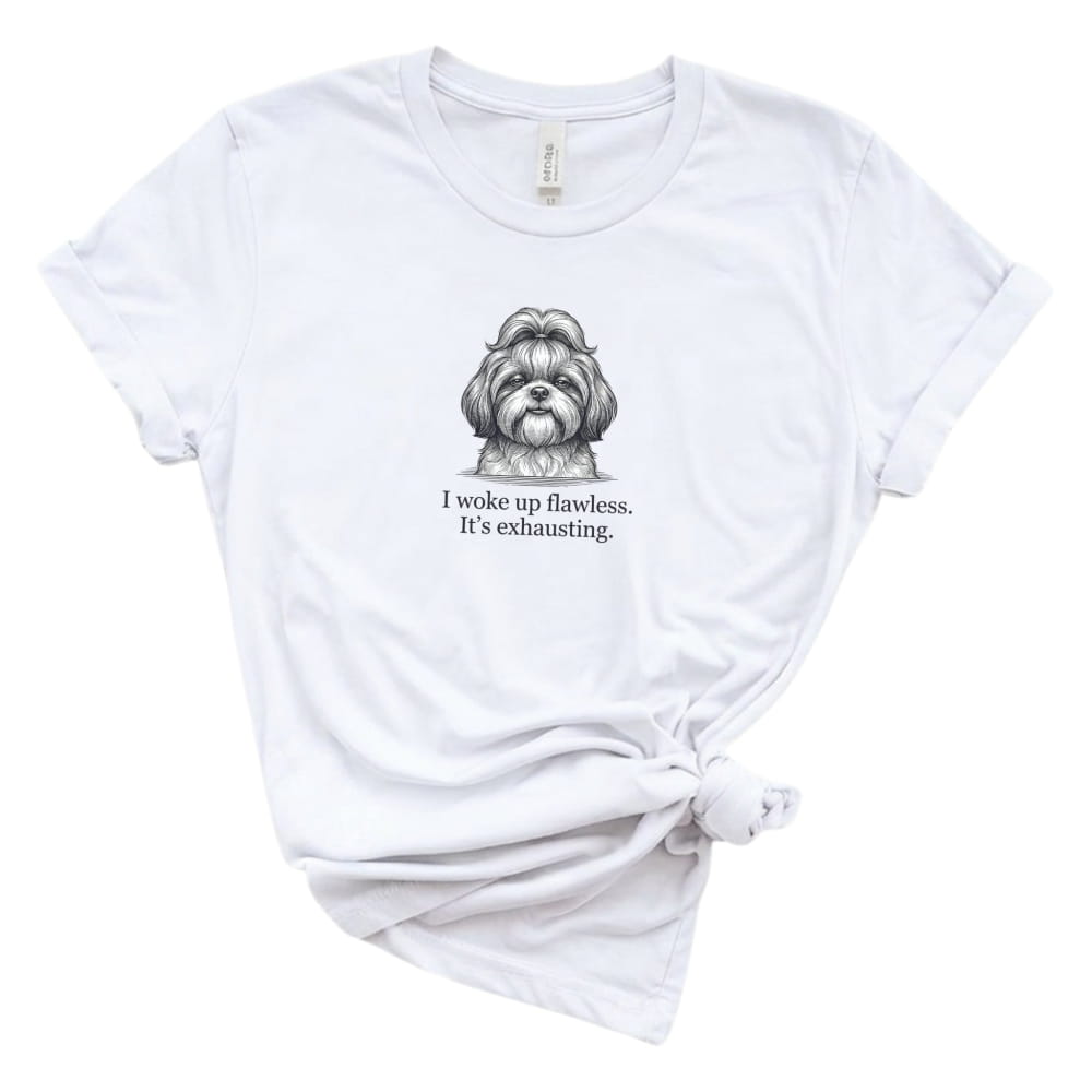 White t-shirt with a dog illustration and text on a white background