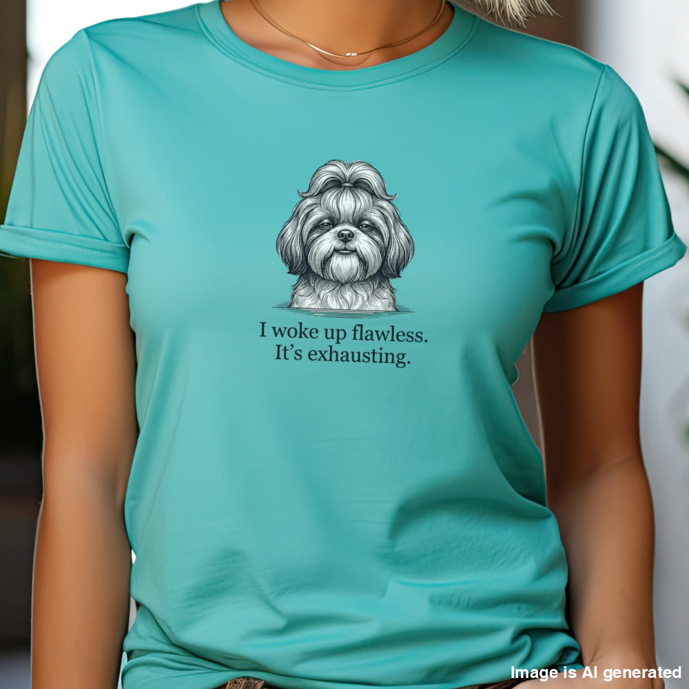 Person wearing a teal t-shirt with a dog illustration and text.