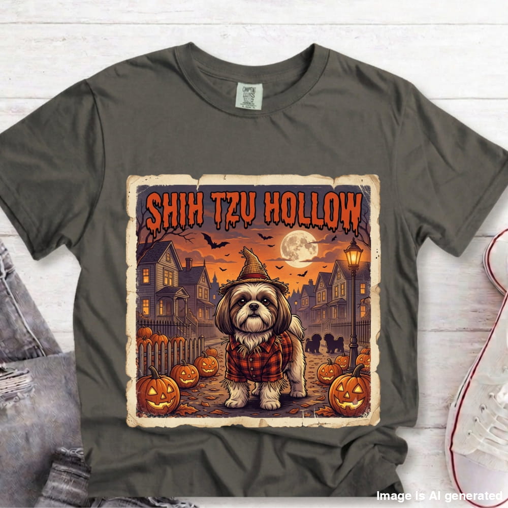 A dark gray graphic t-shirt featuring a cartoon Shih Tzu dog dressed in a witch hat and plaid shirt, standing in a spooky Halloween neighborhood with pumpkins and the text 'SHIH TZU HOLLOW'. The t-shirt is displayed flat on a white wood background with jeans and a sneaker partially visible.