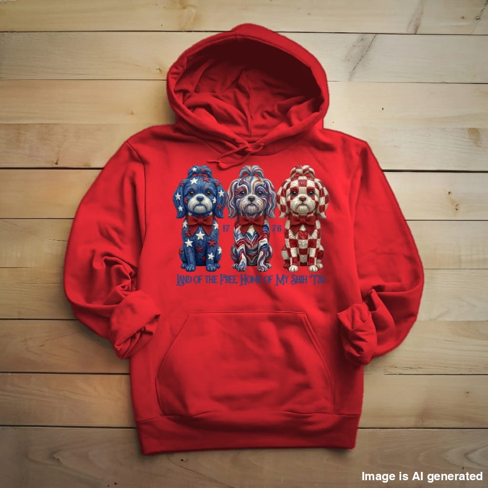 Shih Tzu Land of the Free hoodie in Red, front view with three patriotic Shih Tzus