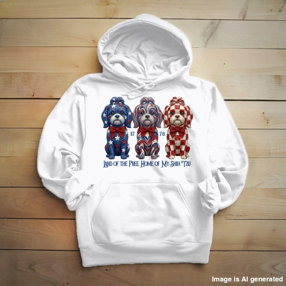 Shih Tzu Land of the Free hoodie in White, front view with three patriotic Shih Tzus