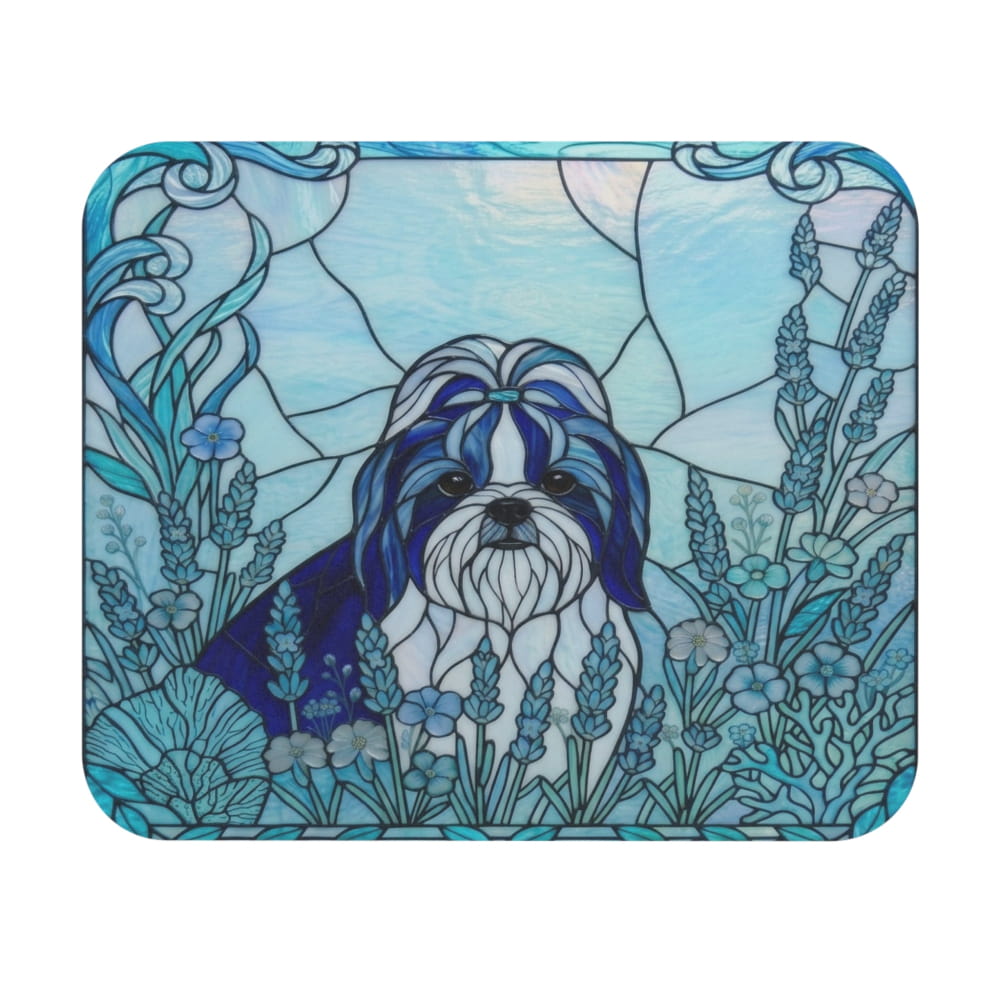 A square decorative item with rounded corners featuring a stained-glass-style illustration of a Shih Tzu dog surrounded by blue and white flowers and leaves on a light blue background.