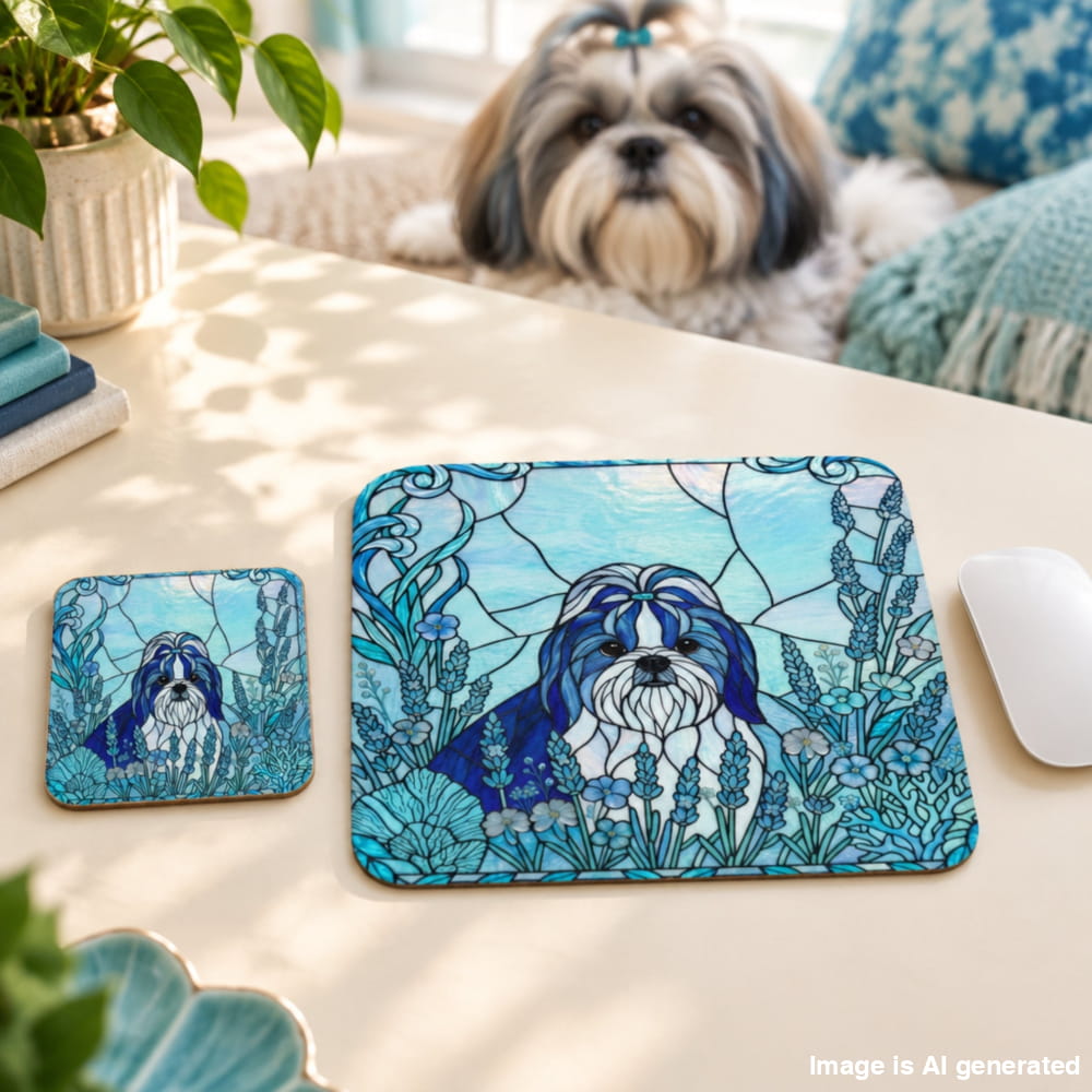 Coaster and Mous pad lying on a beige table design in blue stained glass style with a shih tzu on the design and a dog in the background.
