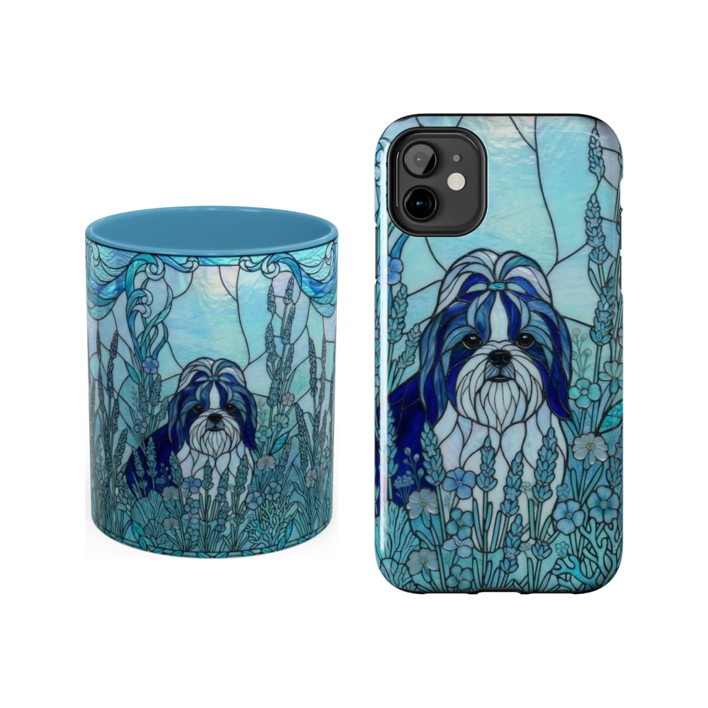 Shih Tzu Ocean Blue stained glass style mug and phone case set on a white background.