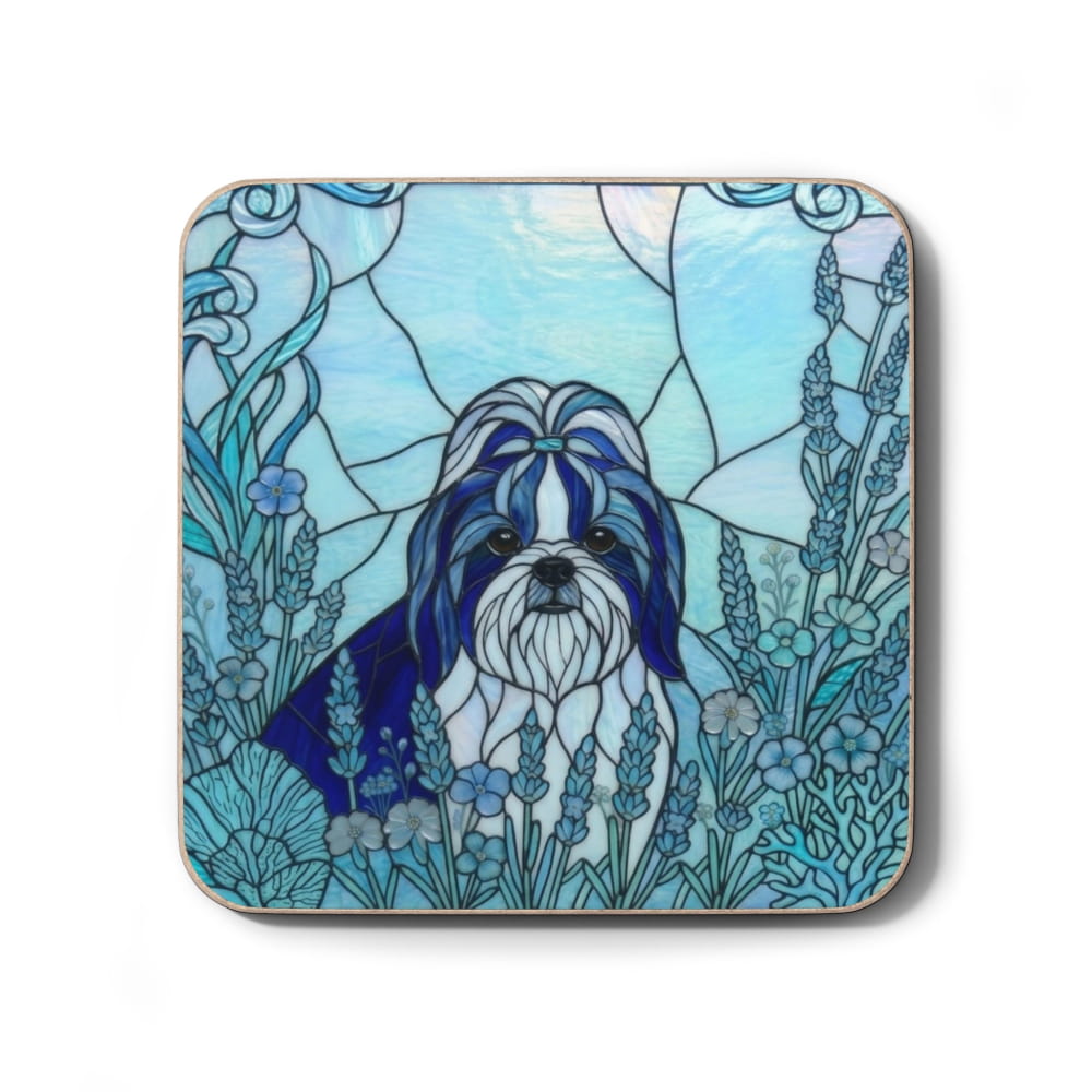 A square decorative coaster featuring a stained-glass-style illustration of a Shih Tzu dog surrounded by blue flowers and leaves on a light blue background.