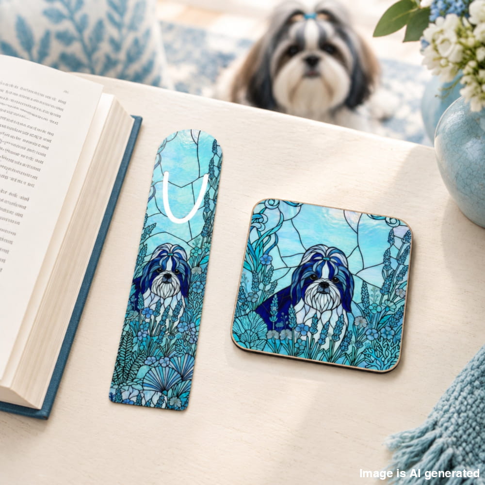 A Bundle onsisting og a bookmark shwoing a blue ocean design with a shih tzu and a coaster in the same design. Lying on a beige table and showing a shih tzu in the background.
