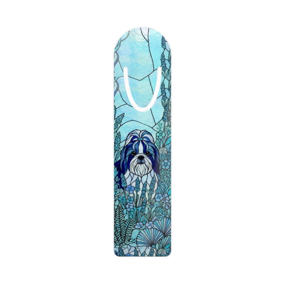 A tall, narrow gift bag with rounded top corners and white rope handles, featuring a stained-glass style illustration of a blue and white dog surrounded by flowers and foliage on a light blue background.