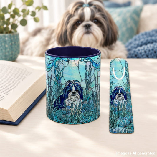 A ceramic mug and matching coaster featuring a stylized blue and teal kelp forest design with a Shih Tzu dog in the center, displayed on a table with an open book in the foreground and a real dog sitting in a cozy living room background.