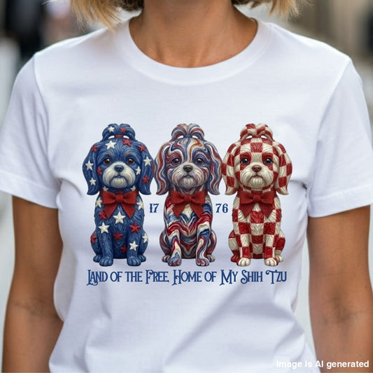 White t-shirt with patriotic dog illustrations and text on a blurred background